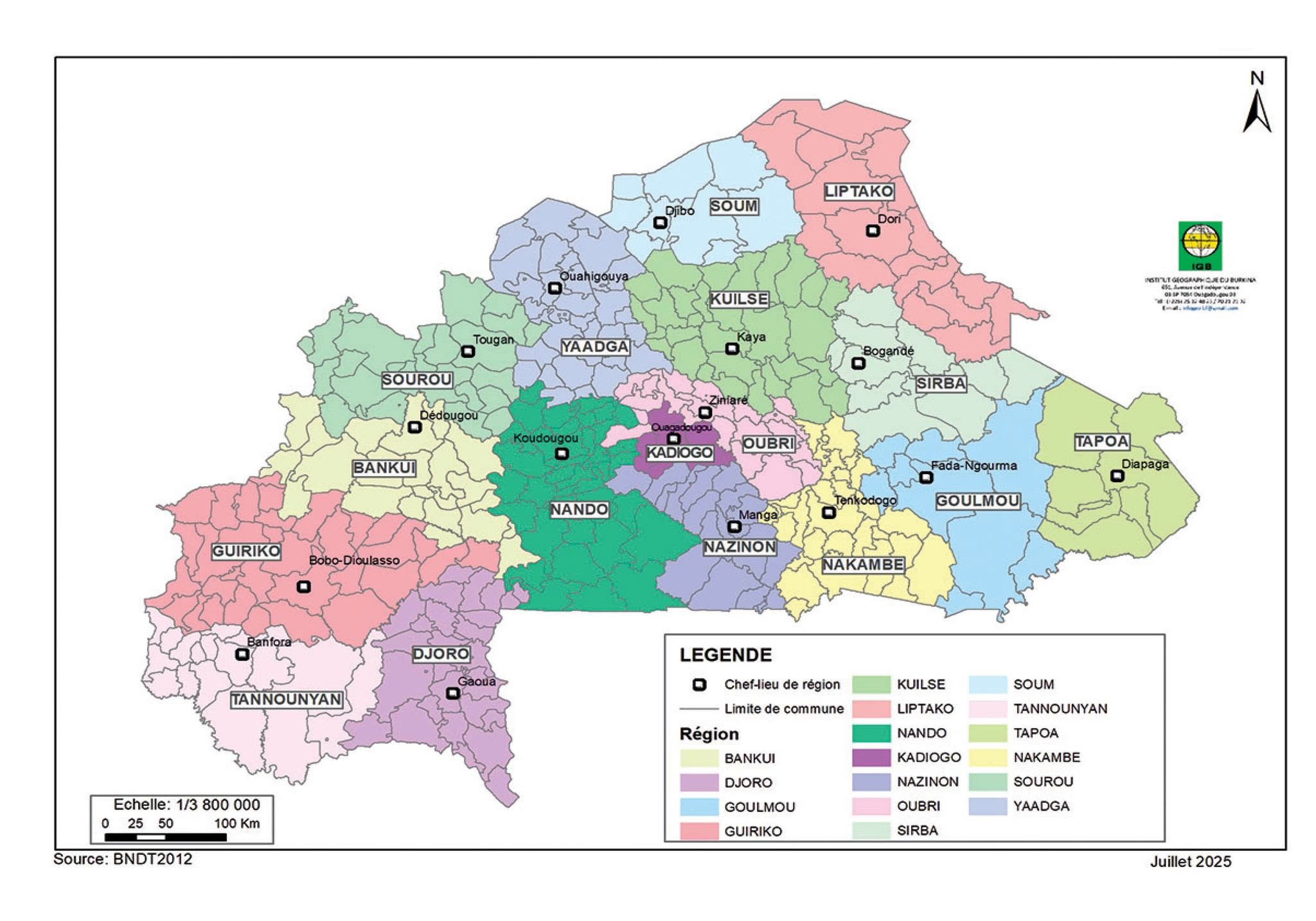 Carte des nouvelles régions du Burkina Faso après le redécoupage territorial de juillet 2025